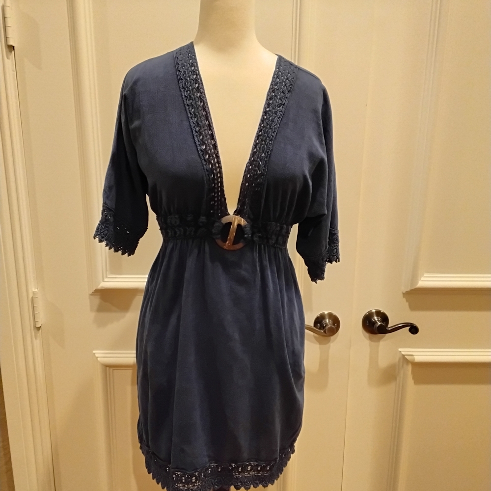 Navy Crochet-Trim V-Neck Dress